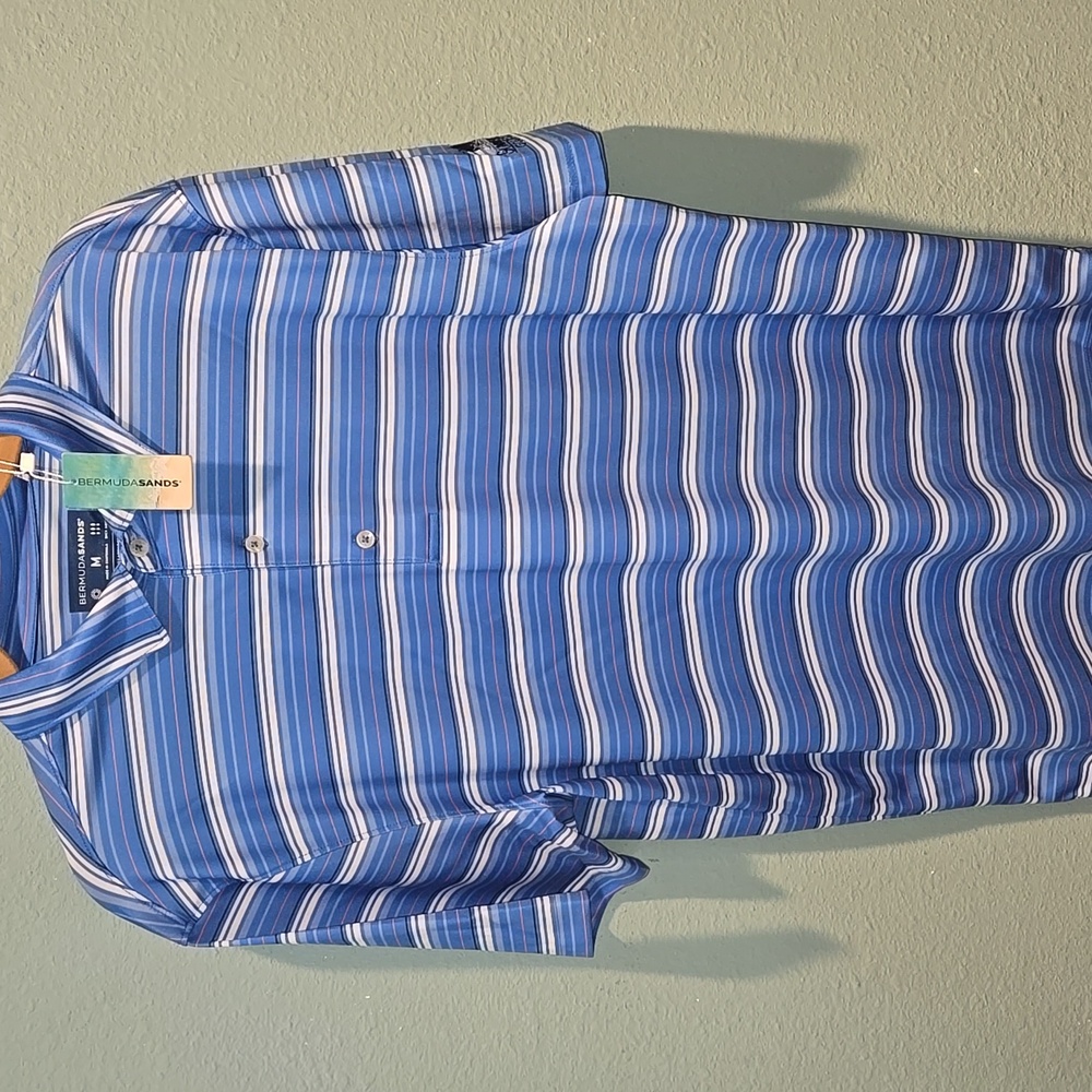 (New) Bermuda Sands Blue and White Striped Mens Golf Shirt Size Med